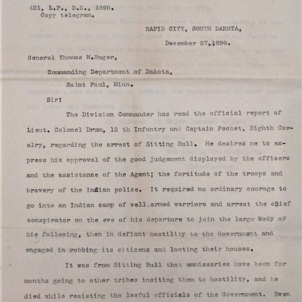 Response of Division Commander to Army's Report on Sitting Bull's Killing, Dec. 27, 1890
